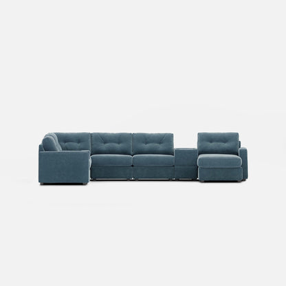 Teal sectional sofa with tufted back cushions and two chaise ottomans