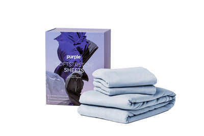 Soft stretch bed sheets, light blue fitted sheet set with folded stack and box