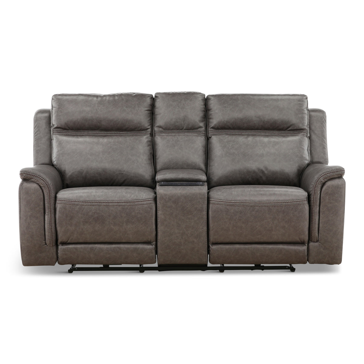Dark gray power reclining loveseat with three back sections and padded armrests