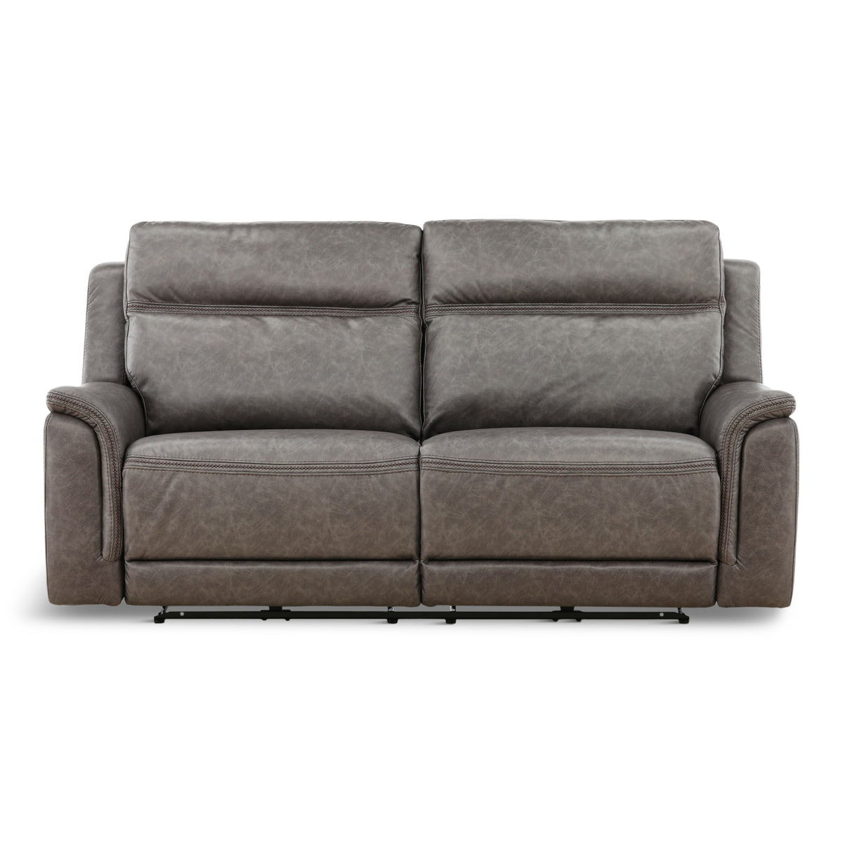 Dark gray power reclining sofa with two seat backs and padded track arms
