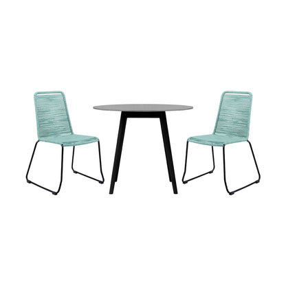 Sydney and Shasta 3 Piece Outdoor Patio 36" Dining Set in Black Eucalyptus Wood and Wasabi Rope