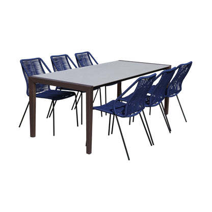 Fineline and Clip Indoor Outdoor 7 Piece Dining Set in Dark Eucalyptus w/ Superstone and Blue Rope