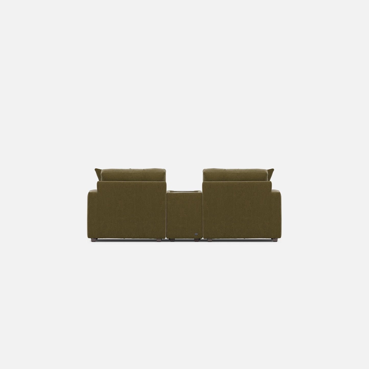 Olive modular console loveseat with three-seat layout, armrests, and end back cushions
