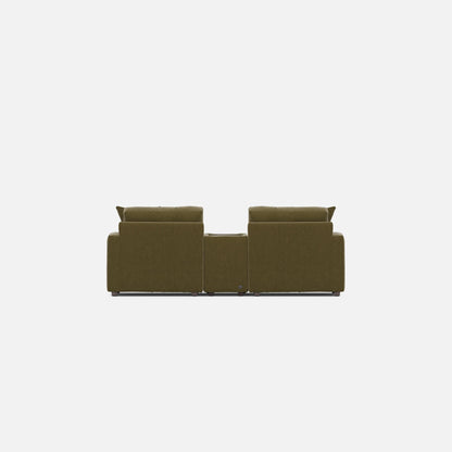 Olive modular console loveseat with three-seat layout, armrests, and end back cushions