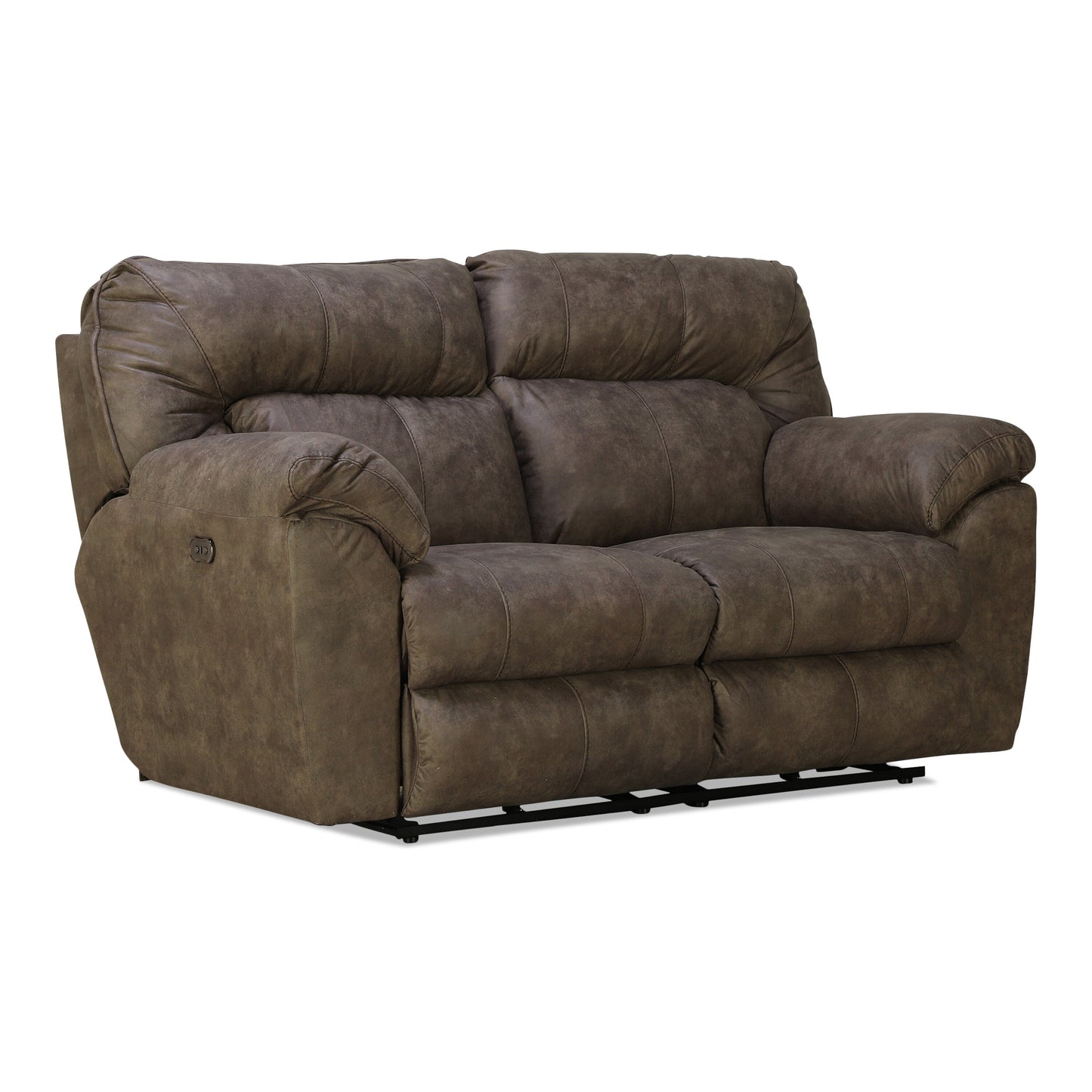 Dark brown power reclining loveseat with rolled arms and visible recline mechanism