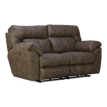 Dark brown power reclining loveseat with rolled arms and visible recline mechanism