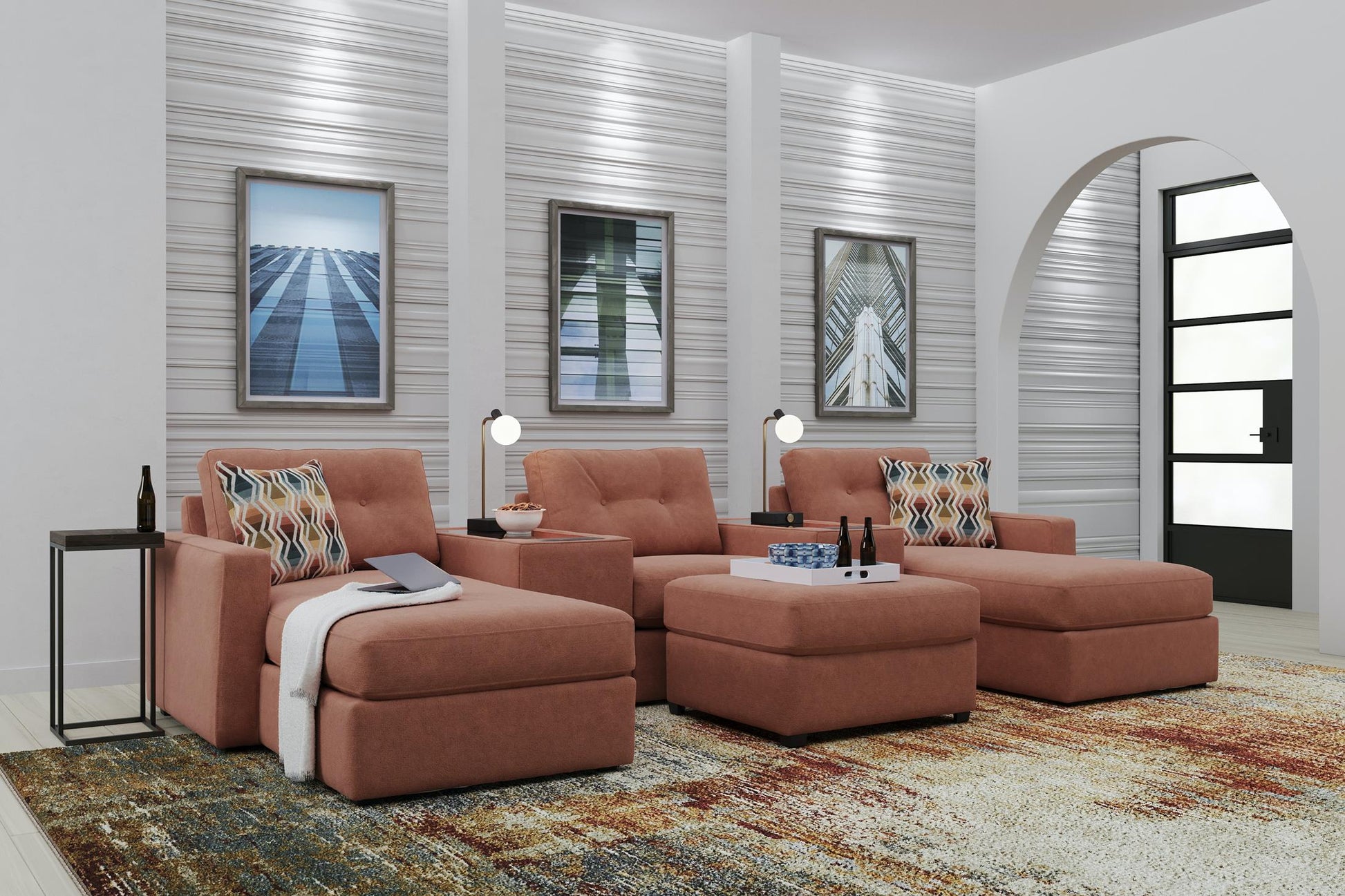 Teal theater sectional sofa with dual chaise, tufted cushions, and rounded armrests.