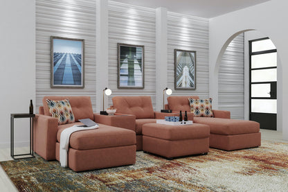 Teal theater sectional sofa with dual chaise, tufted cushions, and rounded armrests.