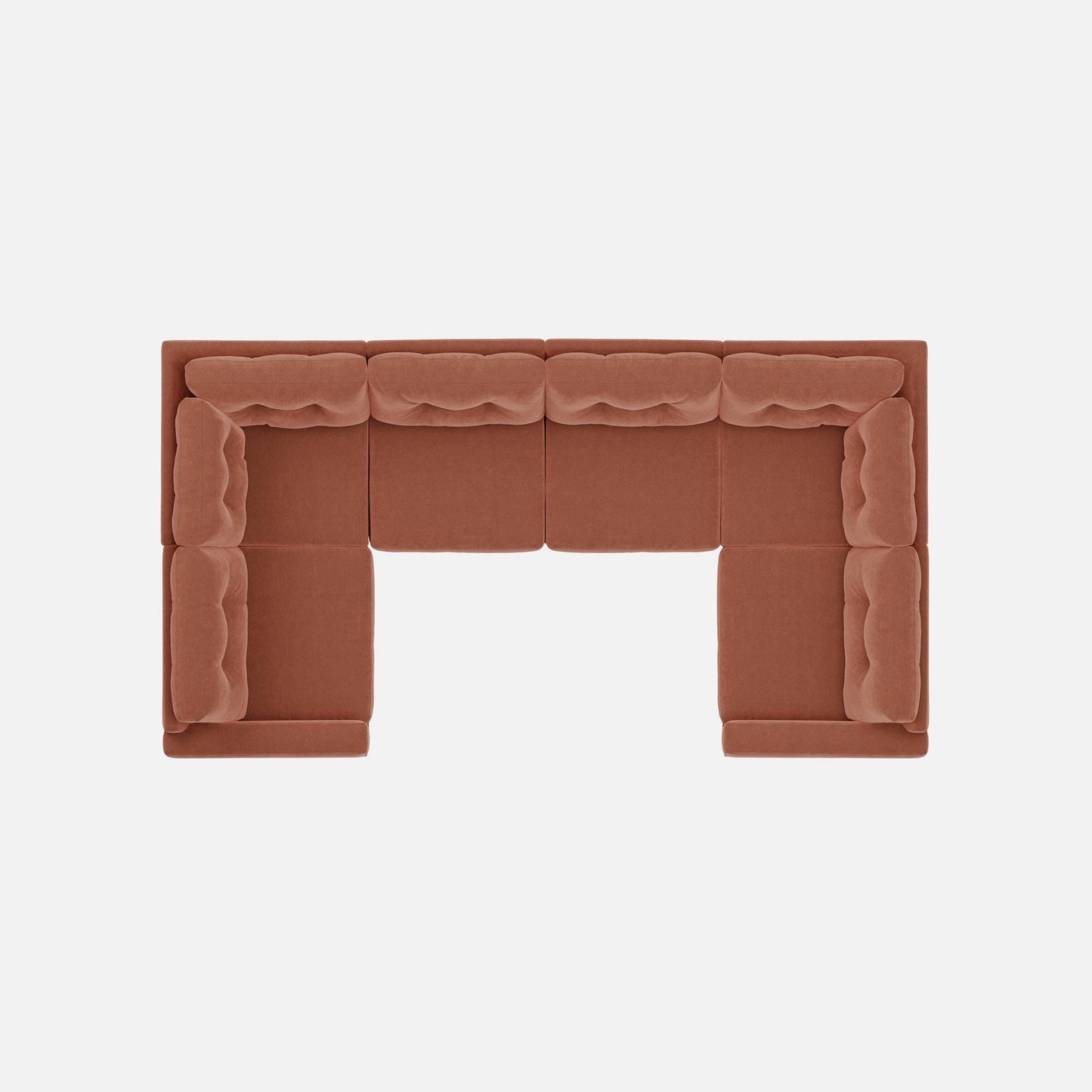 Terracotta modular sectional sofa top view with cushioned arms and open seating area