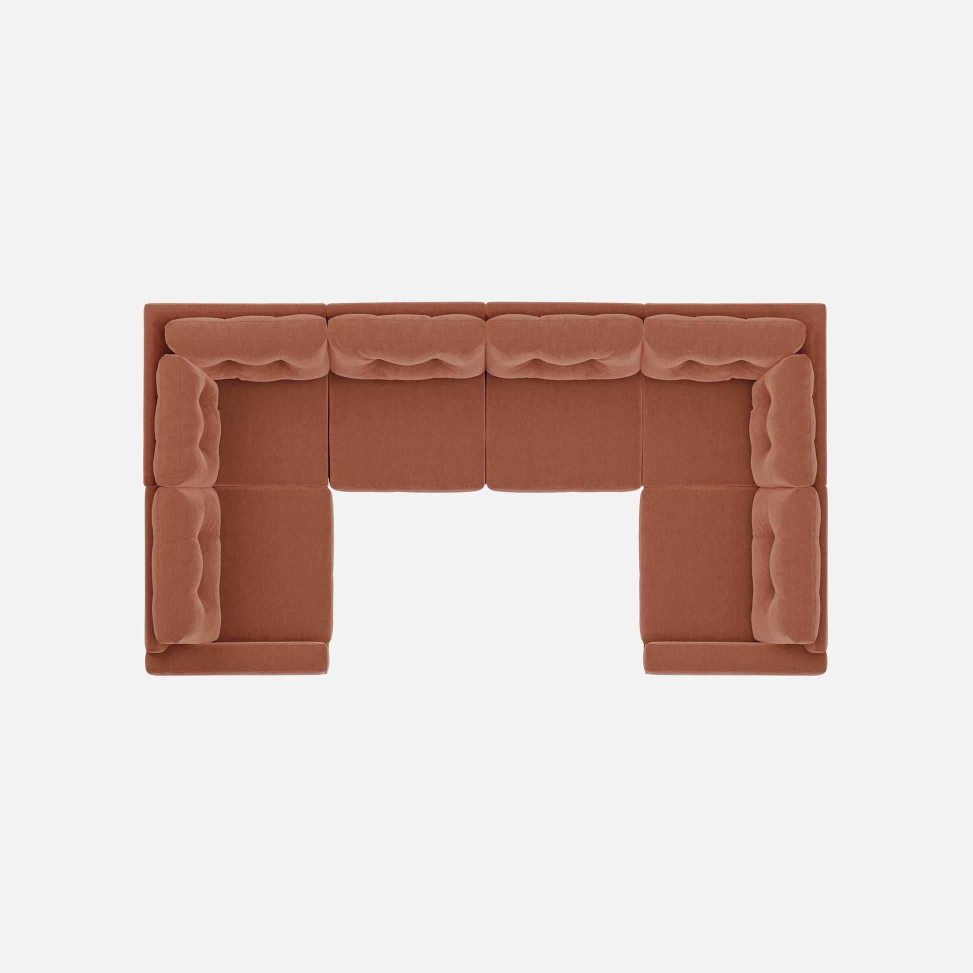Terracotta modular sectional sofa top view with cushioned arms and open seating area
