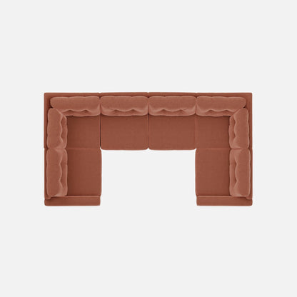 Terracotta modular sectional sofa top view with cushioned arms and open seating area