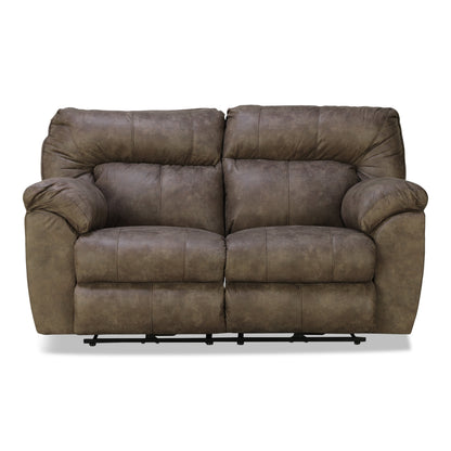 Dark brown power reclining loveseat with padded arms and split seat cushions