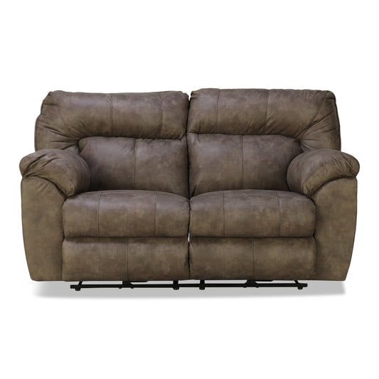 Dark brown power reclining loveseat with padded arms and split seat cushions