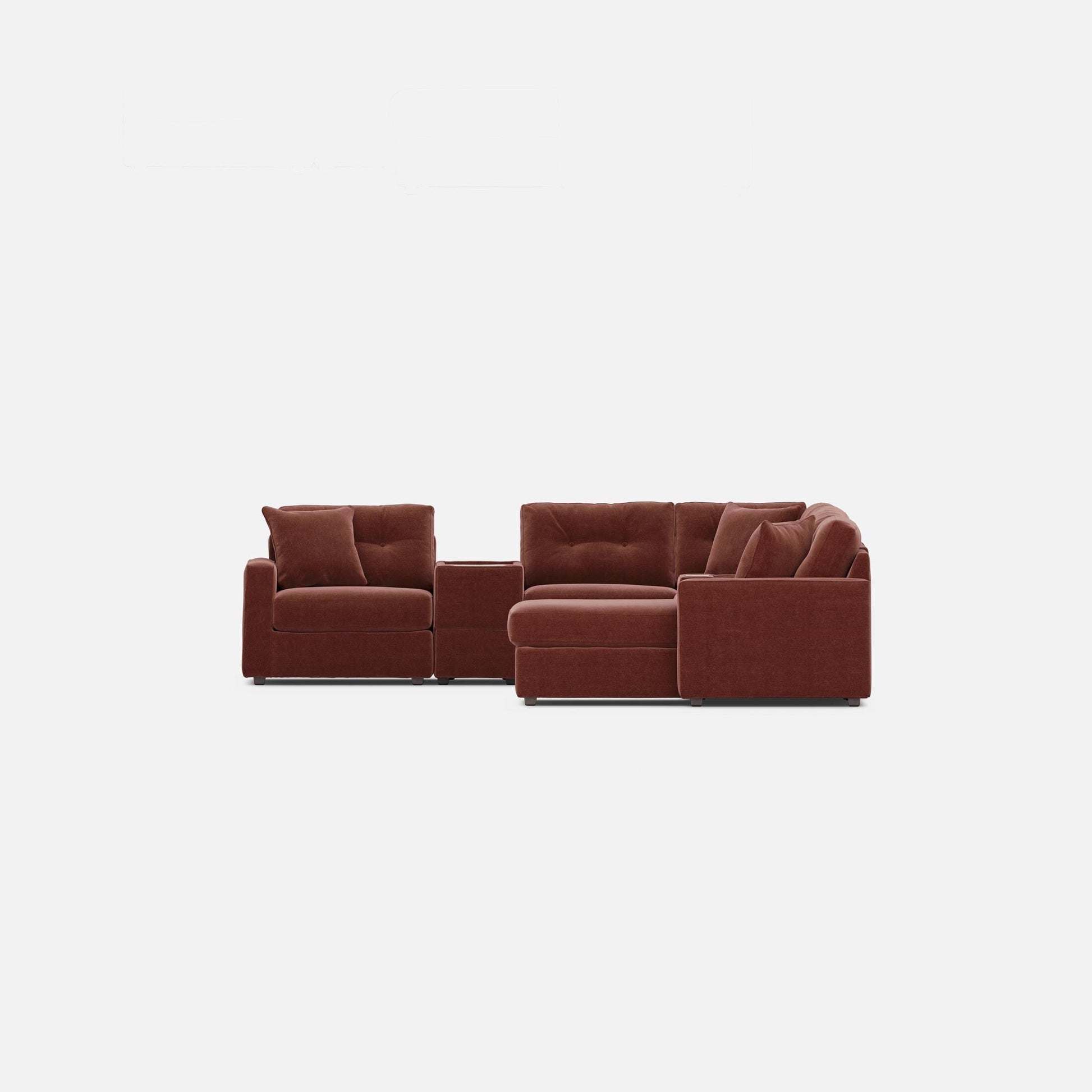 Reddish-brown modular sectional sofa with two-seat chaise and side ottoman blocks