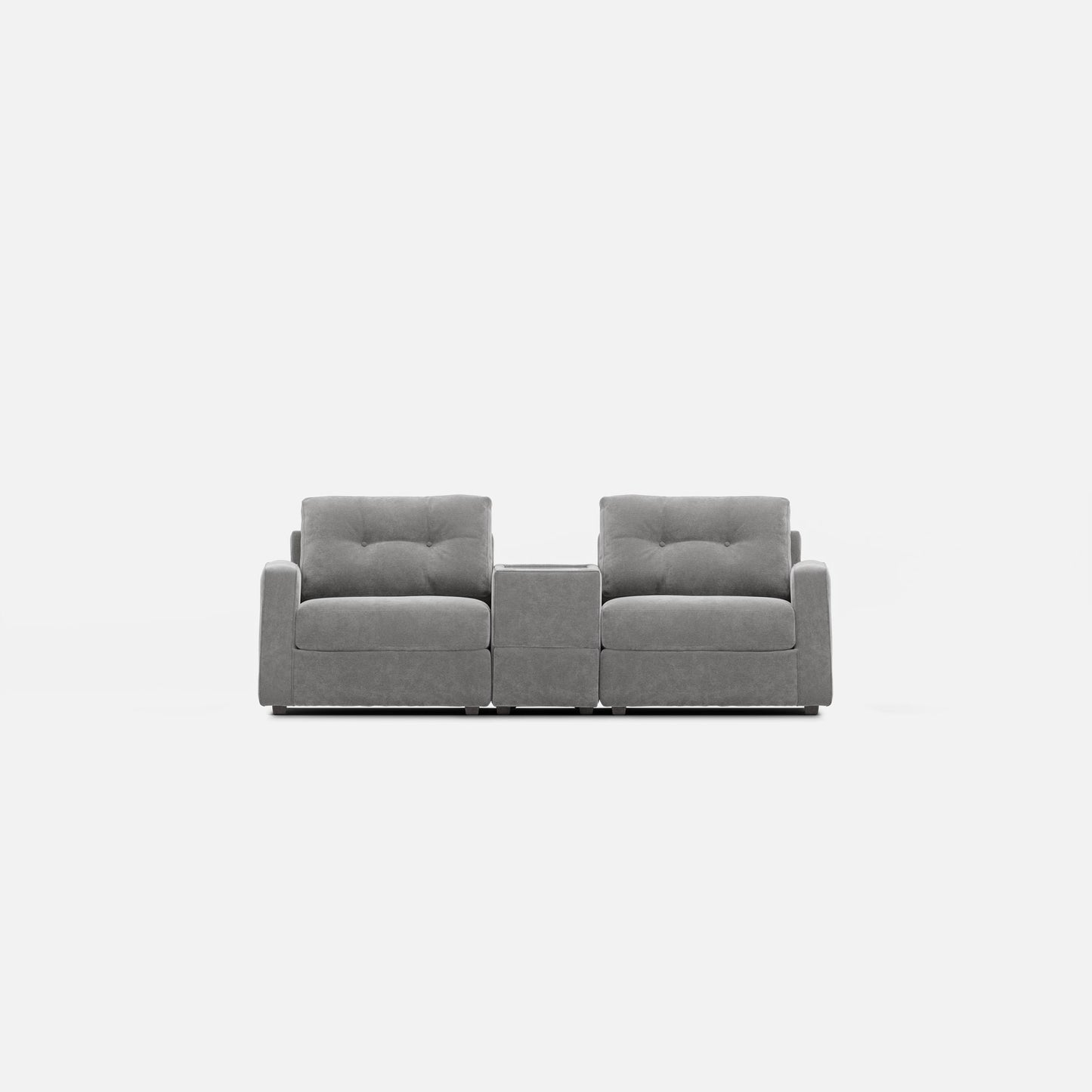 Gray modular console loveseat with three padded sections and upright back cushions