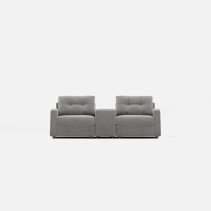 Gray modular console loveseat with three padded sections and upright back cushions