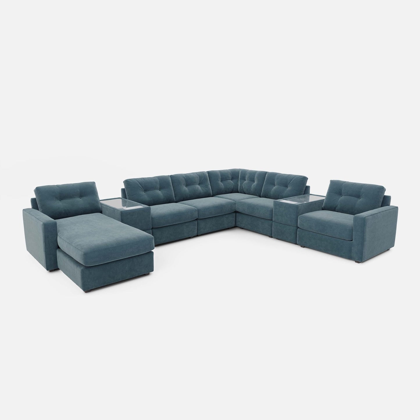 Teal modular sectional sofa with chaise ottomans and curved corner section