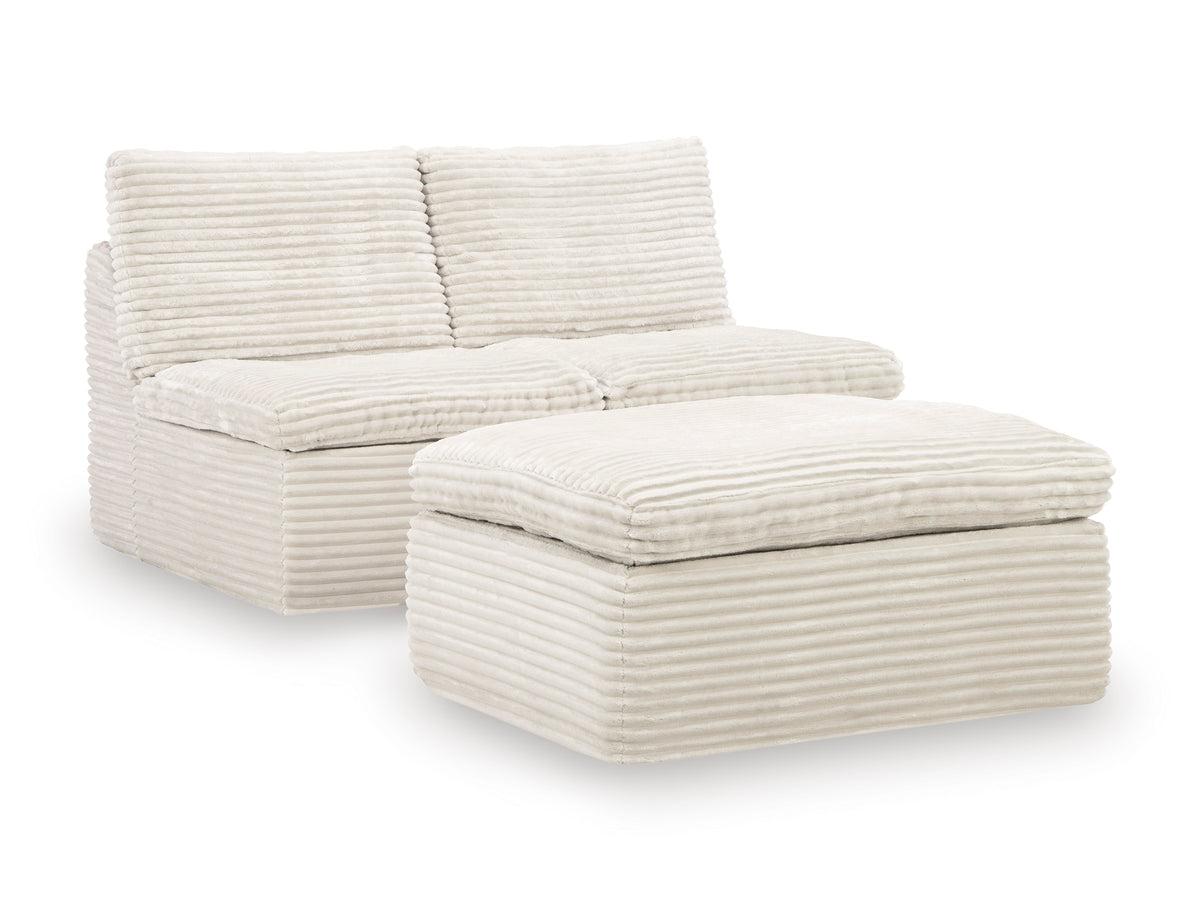 Beige striped armless chair and matching ottoman set, upholstered cushions