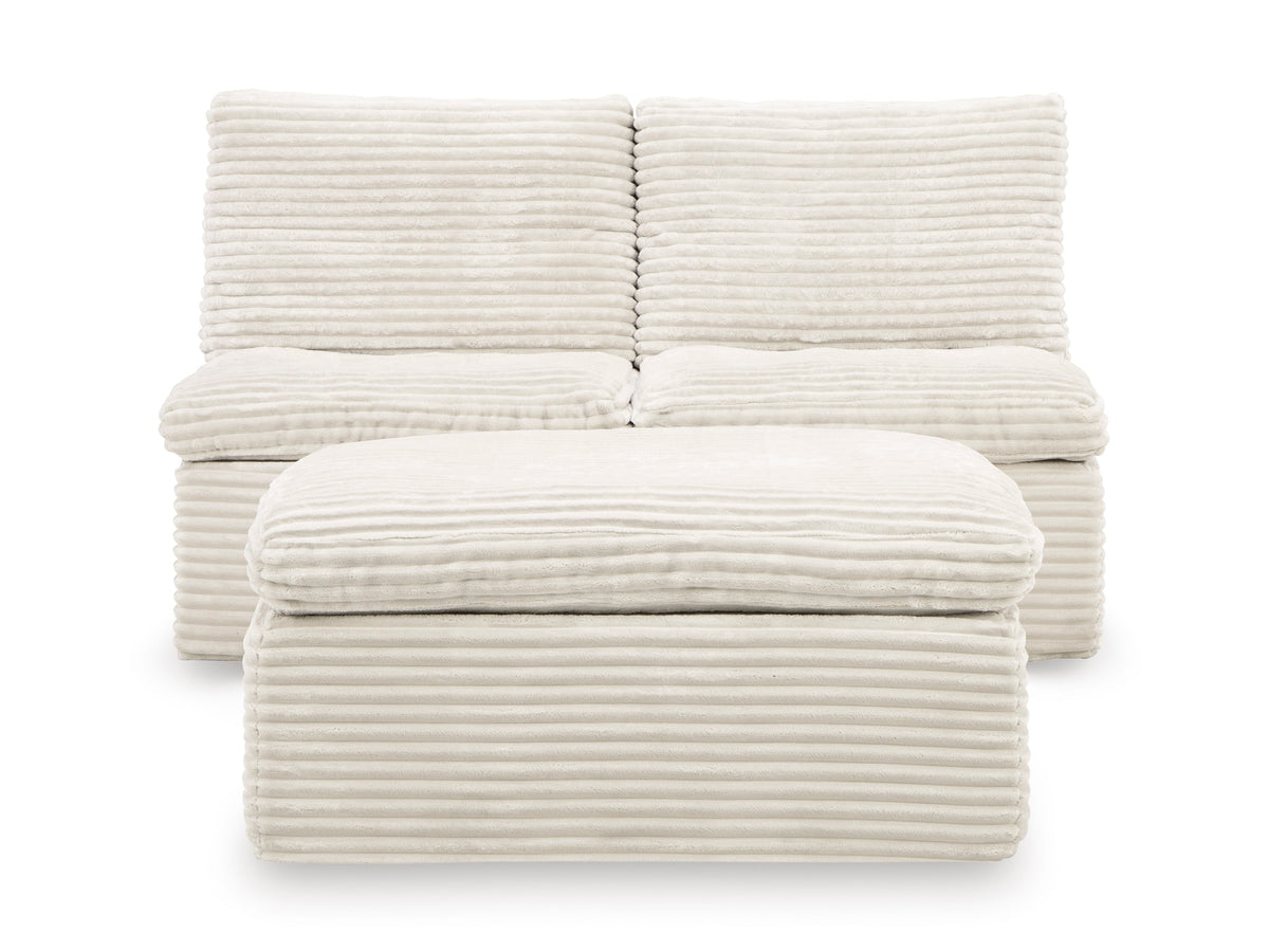 Beige striped armless chair with ottoman seat, padded back cushions