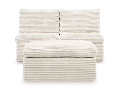 Beige striped armless chair with ottoman seat, padded back cushions