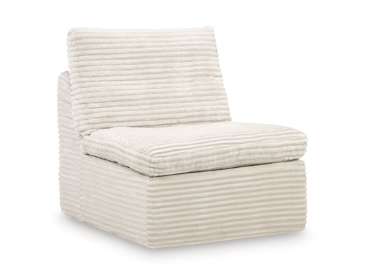 Canefield armless chair with striped light fabric upholstery and padded seat