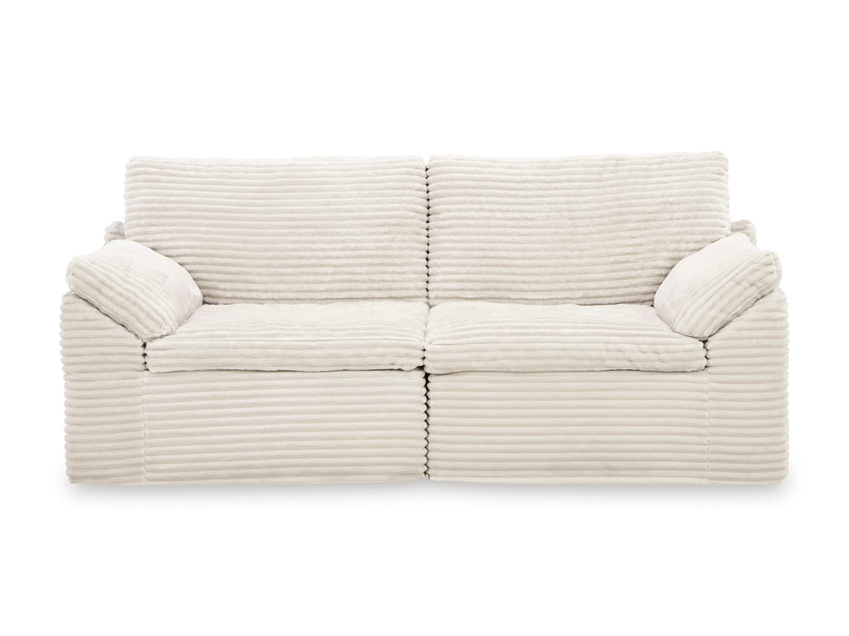 Cream striped loveseat with square seat cushions and deep back pillows