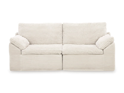 Cream striped loveseat with square seat cushions and deep back pillows