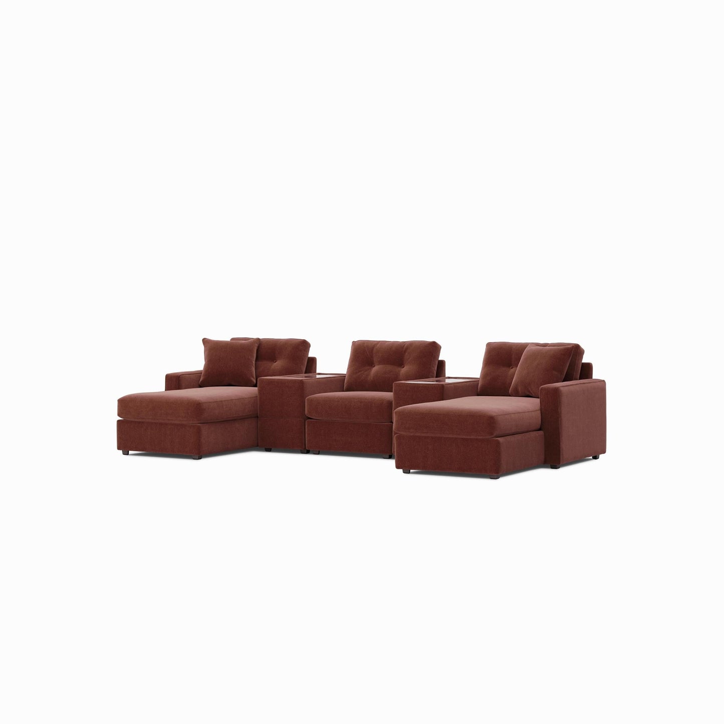 Modular sectional sofa with dual chaises, dark red fabric, L-shape chaise arrangement