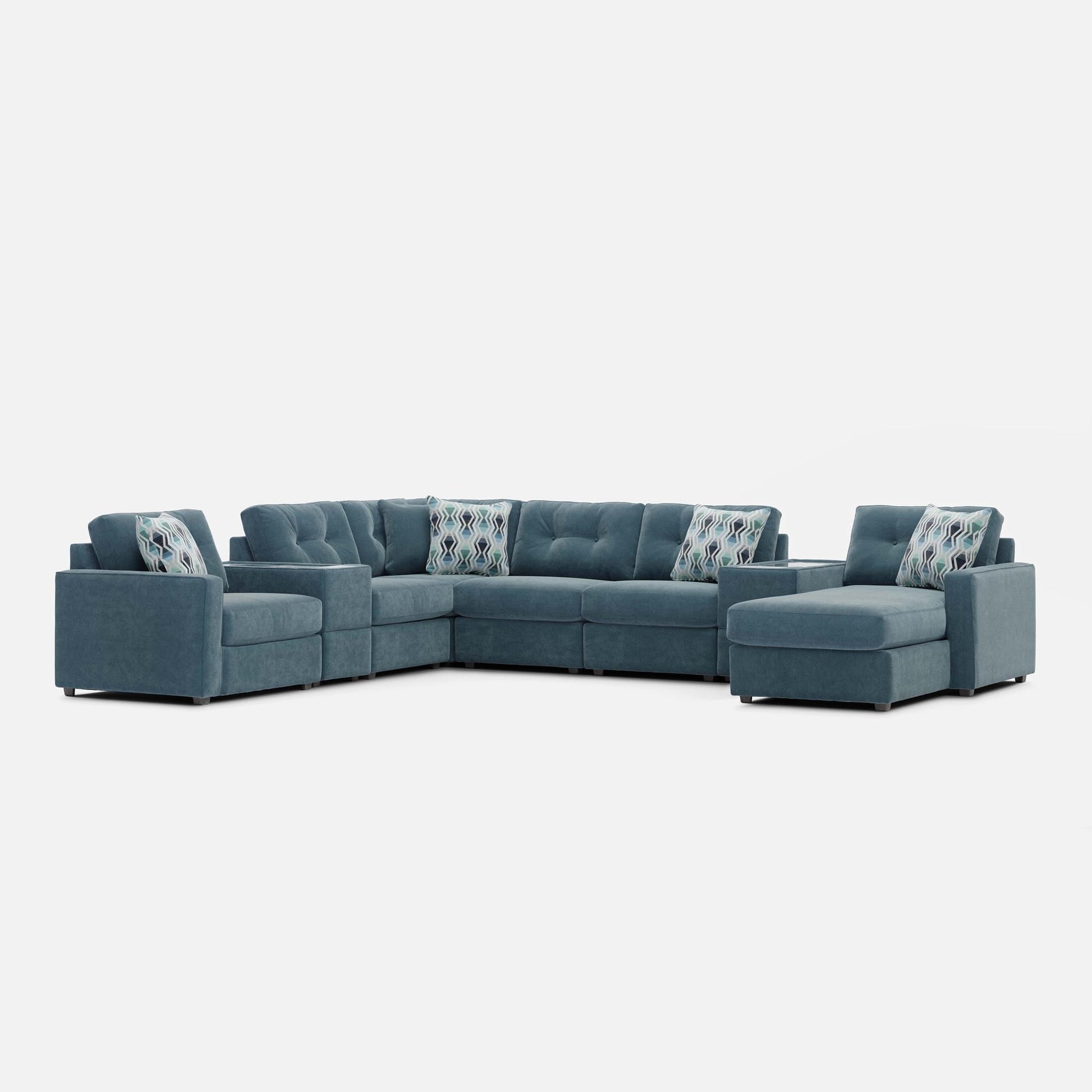 Teal modular sectional sofa with chaise sections and accent pillows