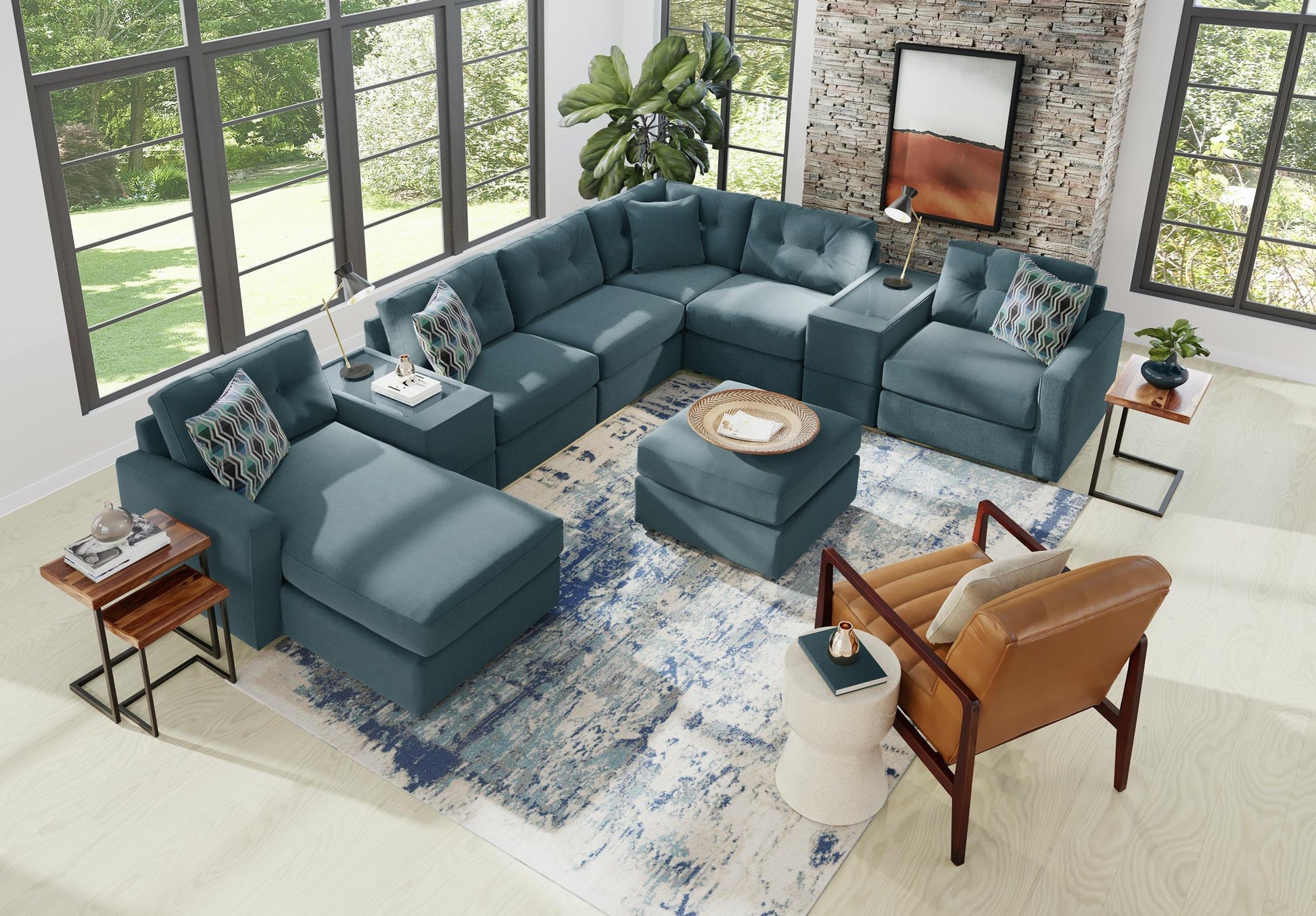 Teal-blue modular sectional sofa with chaise corner and tufted back cushions