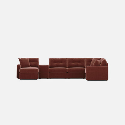 Merlot modular sectional sofa with two arm chairs and curved right-side chaise