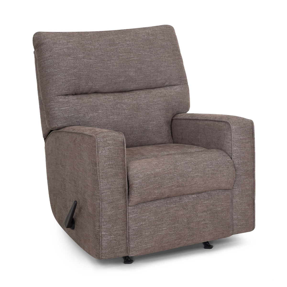 Gray upholstered recliner chair with wide seat, curved arms, and side control handle