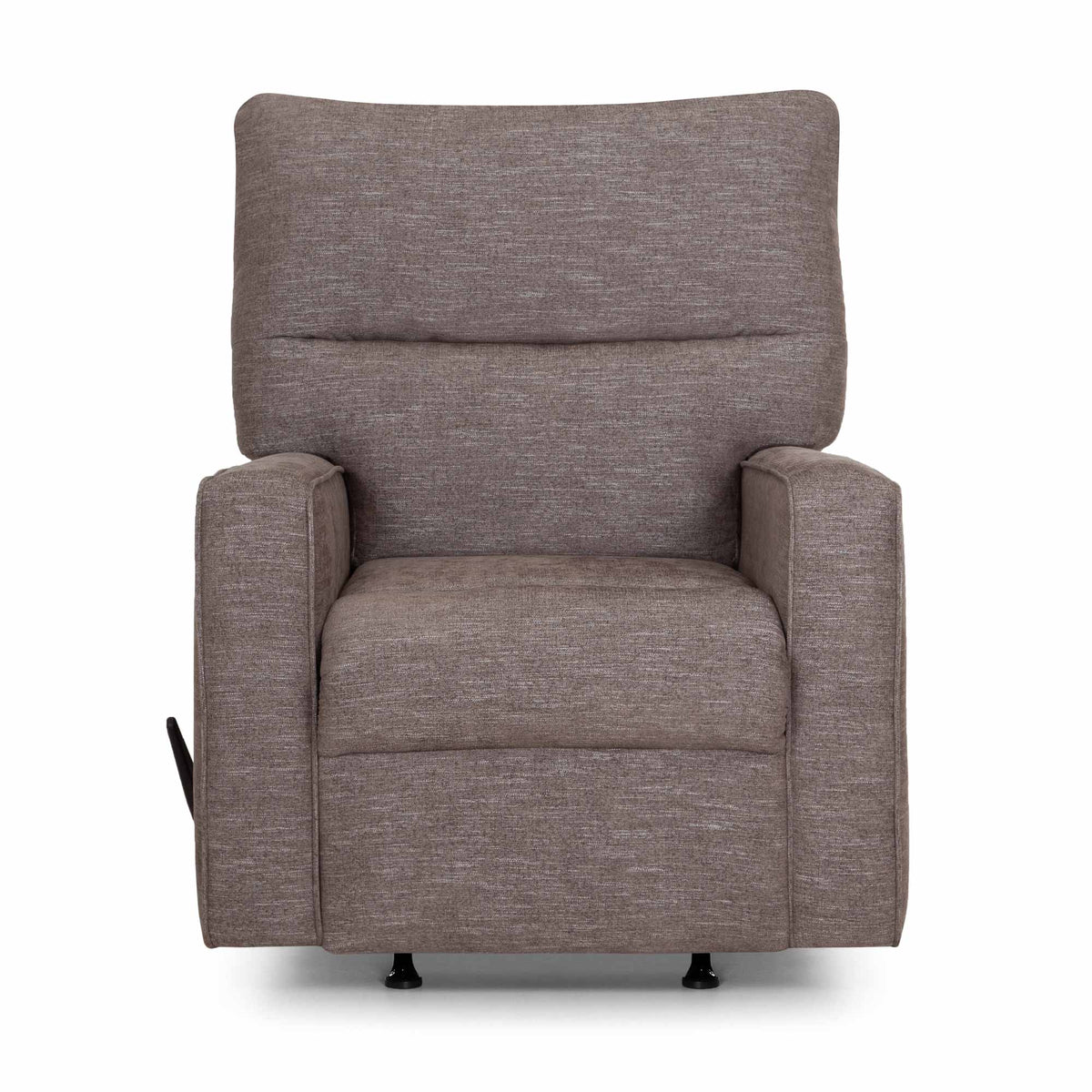 Gray fabric recliner chair with tall backrest, cushioned seat, and side arm controls