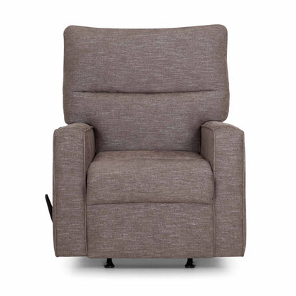 Gray fabric recliner chair with tall backrest, cushioned seat, and side arm controls