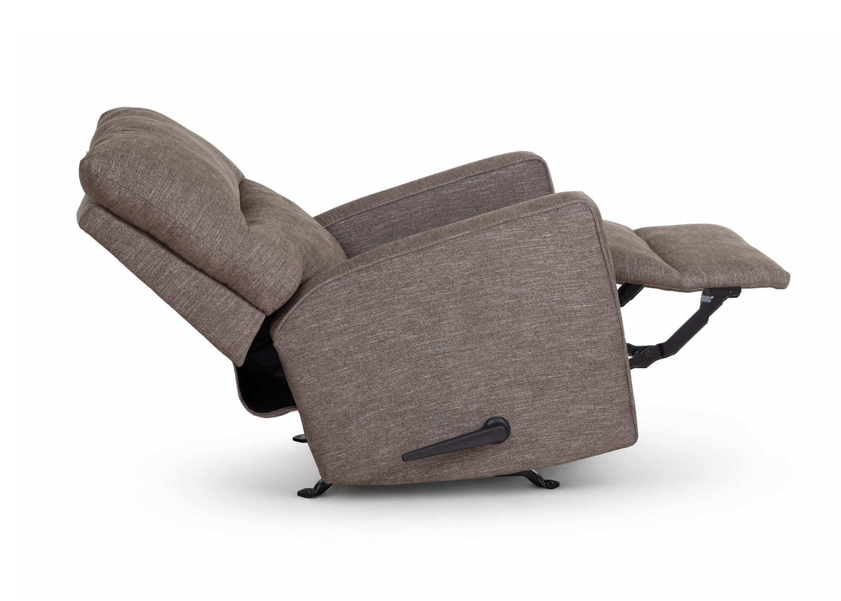 Gray upholstered recliner chair reclined with extended footrest and side lever control
