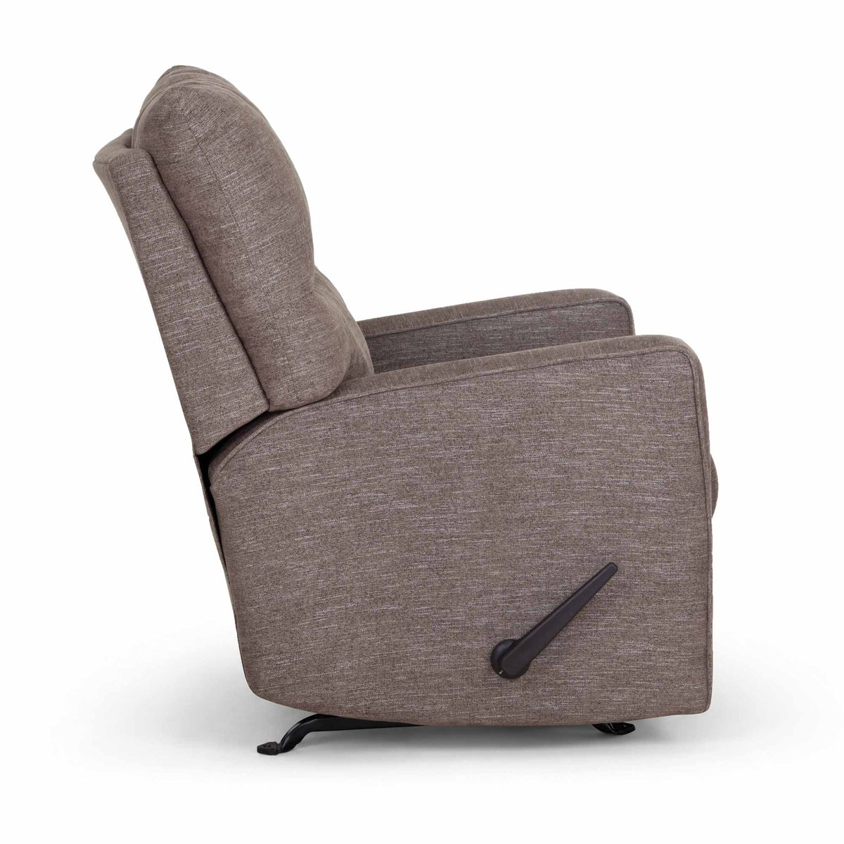 Gray upholstered recliner chair side view with lever-style side control