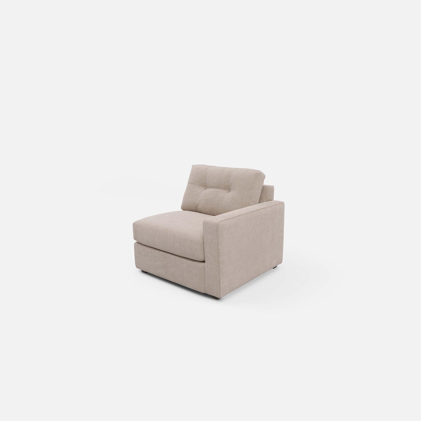 Beige upholstered modular chair, angled view with cushioned armrests and back