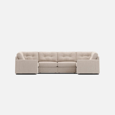 Stone modular sectional sofa with box cushions and padded arms, tufted back pillows