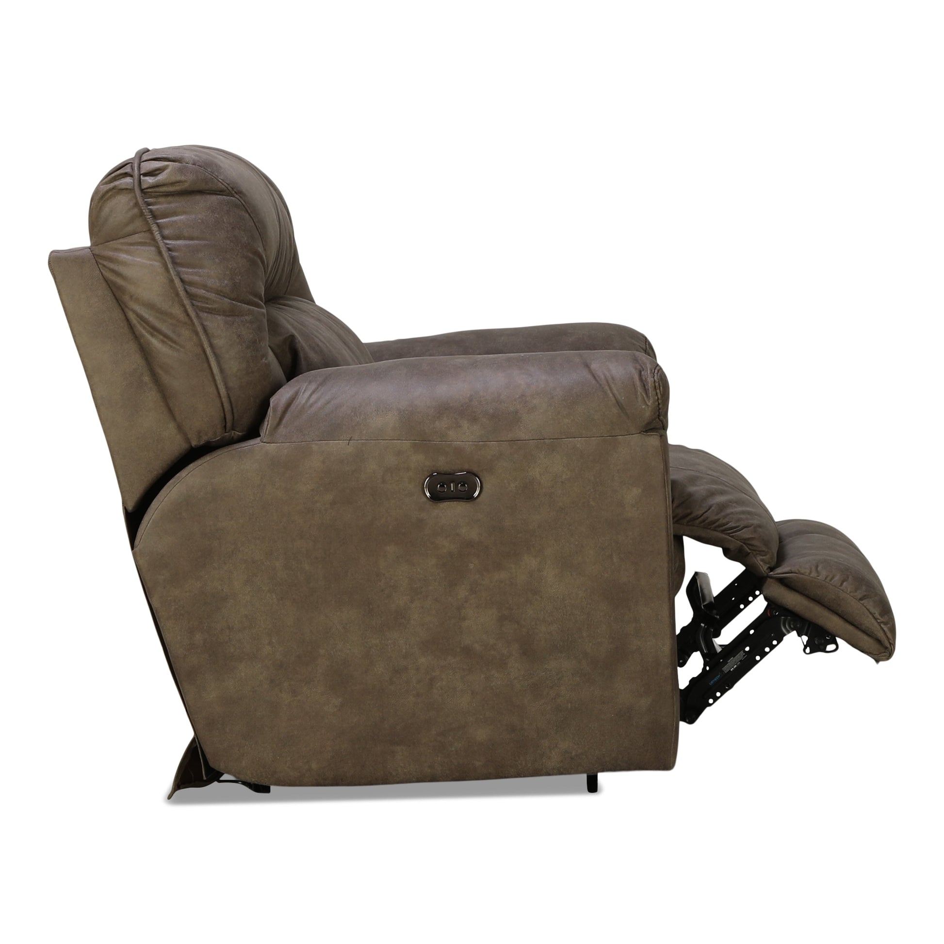 Brown power reclining sofa side view with footrest extended and button control.