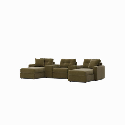 Modular sectional sofa with dual chaises, olive fabric, corner and chaise modules