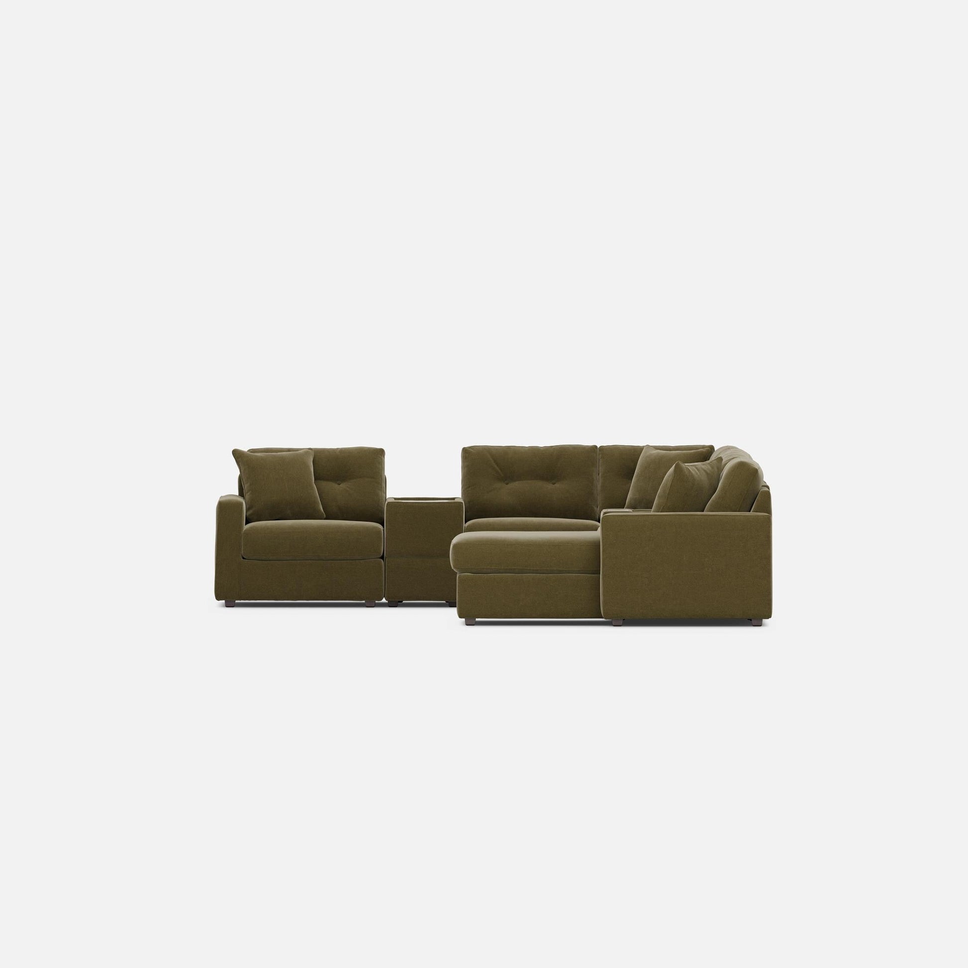 Moss green modular sectional sofa with back cushions and chaise seating