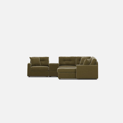 Moss green modular sectional sofa with back cushions and chaise seating