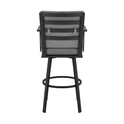 Don 30" Outdoor Patio Swivel Bar Stool in Black Aluminum with Grey Cushions