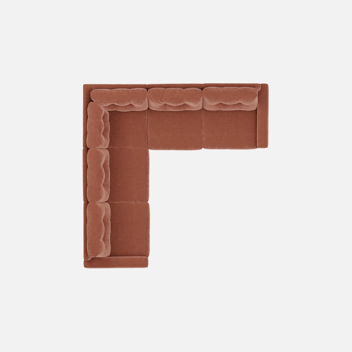 Brown L-shaped modular sectional sofa with tufted back and padded chaise arm.