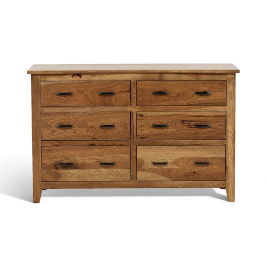 Wood dresser with six drawers and black bar handles, warm walnut finish