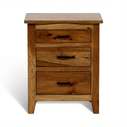 Wood nightstand with three drawers and black bar pulls