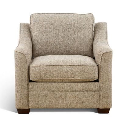 Light beige accent chair with tall backrest, cushioned arms, dark brown legs