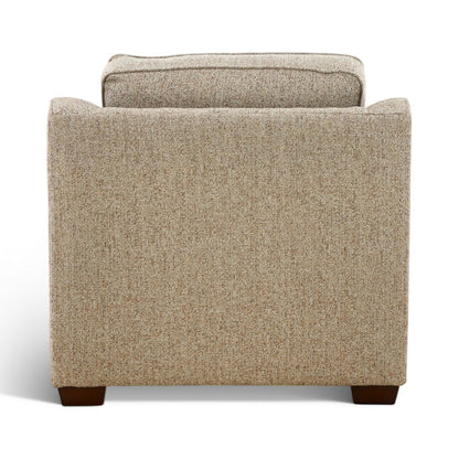 Light beige upholstered chair with high back and seat cushion, dark legs