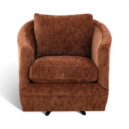 Brown upholstered accent chair with patterned back and seat cushions, block feet