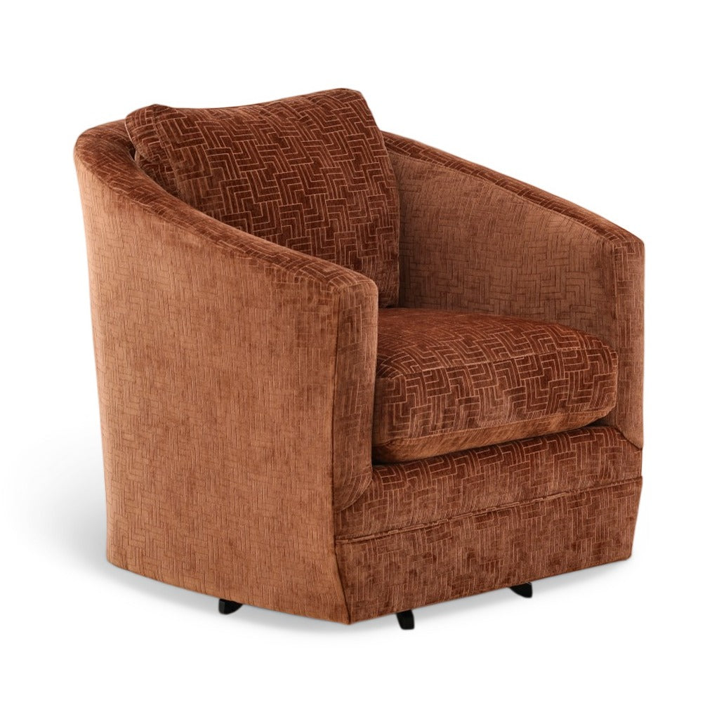 Brown swivel accent chair with geometric-pattern back cushion and armrest pads